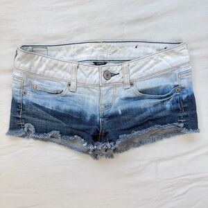 Y2K American Eagle Denim Micro Mini Short Size 00 Blue Ombre Frayed Hem